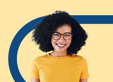 girl in yellow tshirt on yellow and blue background.