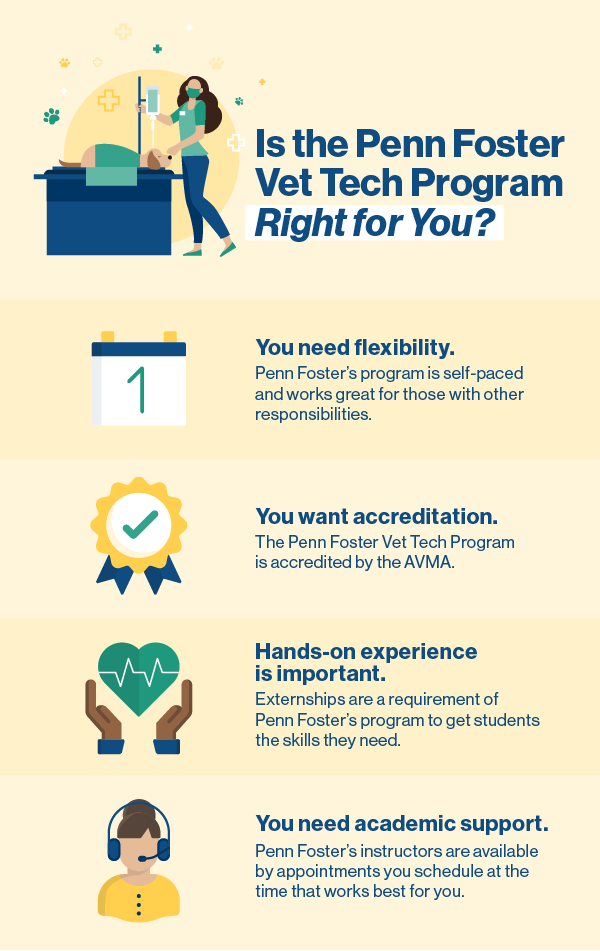 infographic  Title: Is the Penn Foster Vet Tech Program Right for You? You need flexibility Penn Foster’s program is self-paced and works great for those with other responsibilities.    You want accreditation    The Penn Foster Vet Tech Program is accredited by the AVMA.    Hands-on experience is important    Externships are a requirement of Penn Foster’s program to get students the skills they need. You need academic support Penn Foster’s instructors are available by appointments you schedule at the time that works best for you.