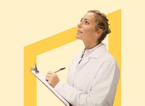 woman holding a clipboard looking up.