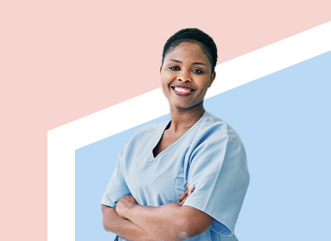 Woman in blue scrubs with arms crossed on red, white, and blue background.