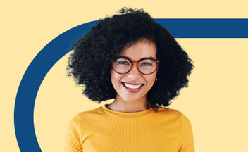 girl in yellow tshirt on yellow and blue background.