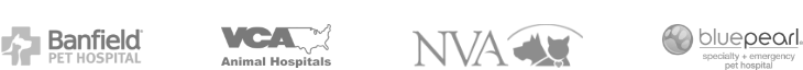 Banfield Animal Hospital, VCA Animal Hospitals, NVA, & BluePearl logos.